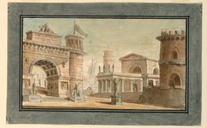 Stage Design, Group of Buildings Near Port by Angelo Toselli