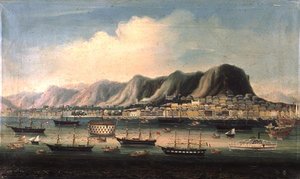 View of Hong Kong, with a Prison Hulk and a Paddlesteamer in the Harbour