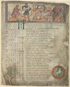 Calendar page for May. Tending sheep. Two shepherds with their flock, one holding a crook, and three seated figures. At foot, Aries in a roundel by Anglo Saxon
