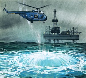 A Helicopter Approaches an Oil Rig