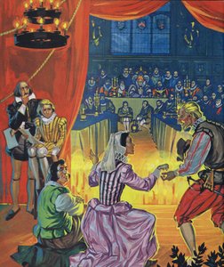 A performance of Twelfth Night in front of Queen Elizabeth I, with Shakespeare listening behind the curtain