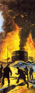 Oil Tanks Burning at Seward After the Anchorage Earthquake of 1964