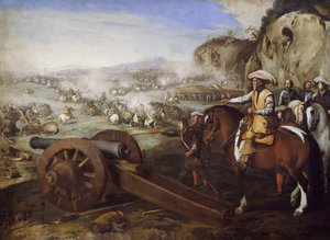 Captain on horseback ordering to fire cannon during battle by Aniello Falcone