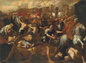 The Battle between the Israelites and the Amalekites overlooked by Moses, his arms held aloft by Aaron and Hur by Aniello Falcone