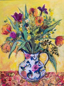 Jug of Spring Flowers on a Yellow Ground