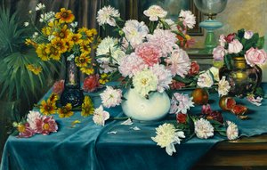 Peonies, Roses and Other Flowers in Vases on a Table Draped with a Blue Cloth