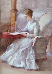 A Woman in White Writing at a Desk