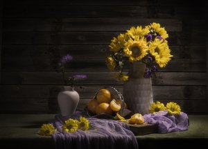 Moody Sunflowers and Tangerines by Anna Qu