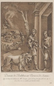 A shepherd holding a lion on a leash in the foreground by Anne Claude Philippe de