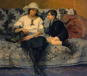 A Young Girl and a Young Boy on a Sofa