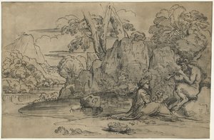 Landscape with a Flute-Playing Satyr, Woman, and Putto by Annibale Carracci (attributed to)