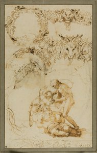 Drunken Silenus and Decorative Sketches: Studies for the Tazza Farnese (recto); Two Putti Fighting (verso) by Annibale Carracci