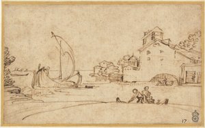 Landscape with Figures by an Estuary with Sailing Boats by Annibale Carracci