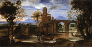 Roman River Landscape with Castle and Bridge by Annibale Carracci