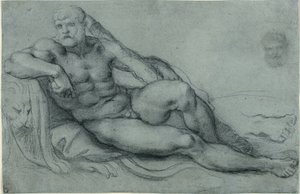 Study of Hercules Resting, with Separate Studies of His Head and Foot (recto); Rectangular grid design (verso) by Annibale Carracci