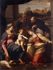 The Madonna and Child with Saints Lucy, Dominic and Louis of France, a landscape with a town through a casement beyond