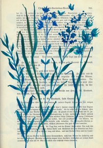 Blue Flowers Old Text by Annick