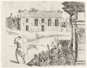 Architectural Capriccio with Spolia, a Male Torso, and a View of the Baths of Diocletian by Anonymous