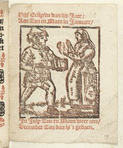 Page with Standing Figures of a Peddler and a Woman, 1712 In which Limb the Moon is / where you let blood / unless great need; As Plague / Pleuresis is / and such evil / also not without the Master