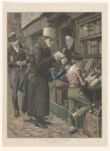 Three Men and a Boy in Front of a Bookstore Display, the Owner in the Doorway
