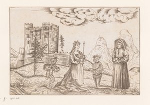 Three People and a Devil in a Landscape Before a Castle by Anonymous