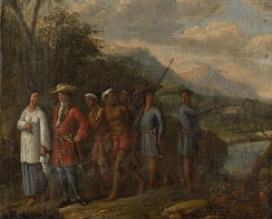 Dutch Merchant with Slaves in East Indies Hills by Anonymous