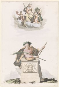 Figure Leaning on a Stone Pillar with Initials and Mary on the Clouds by Anonymous