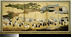Folding Screen with the Arrival of a Portuguese Ship by Anonymous