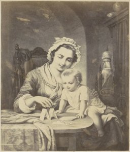 Photoreproduction of (presumably) a print of a mother building a house of cards with her child