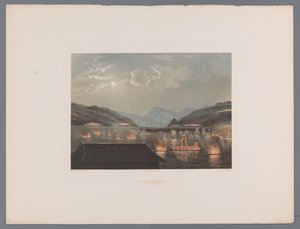 View of a bay in Japan with burning and lantern-lit ships by Anonymous