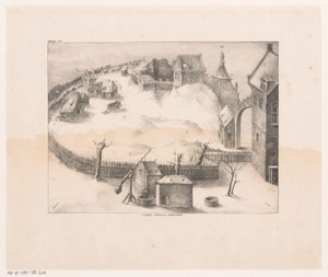 View of a Snowy and Fenced Settlement by Anonymous