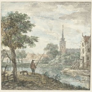 View of a City with an Angler in the Foreground by Anonymous