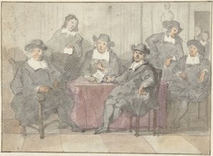 Group Portrait of Six Gentlemen Sitting and Standing Around a Table