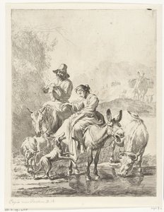 Shepherdess on Donkey and Shepherd on Horse Crossing a Stream by Anonymous