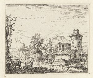 Italianate Landscape with Round Tower and Two Goats by Anonymous