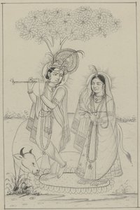 Krishna Playing a Flute with Radha by Anonymous