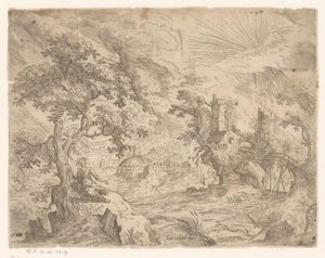 Landscape with River and Structure on Rock by Anonymous