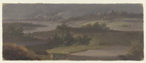 Landscape with river bend and dark sky by Anonymous