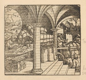 Man Working in a Vaulted Cellar Where Bags of Money Are Stored by Anonymous