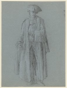 Man with tricorn hat in a very long coat, one hand in his vest