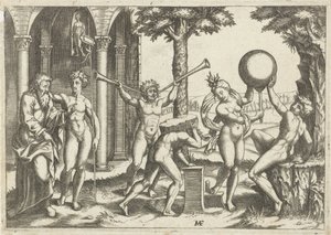Man with Two Trumpets and Man with Stone on His Back Flanked by Man and Woman with Globe and Old and Young Man by Anonymous
