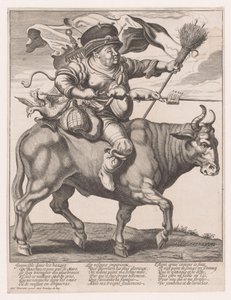 Man Overloaded with Household Goods Riding an Ox during Carnival by Anonymous