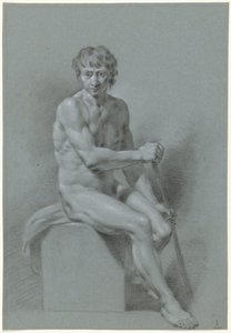 Male nude sitting on a block, a stick in both hands (rowing?) by Anonymous