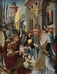 Meeting of Abraham and Melchizedek (inner, left wing of a triptych)