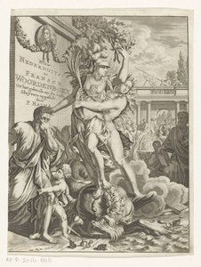 Minerva Trampling a Fire-Breathing Sea Monster (Title Page for: François Halma, Dictionary of the Dutch and French Languages, 1710) by Anonymous