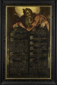 Moses Showing the Tables of the Law with the Ten Commandments in Calligraphy by Anonymous