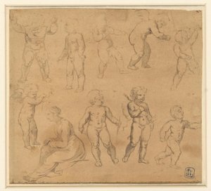 Nine Studies of Putti and a Seated Woman Facing Left