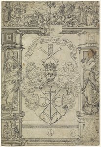 Design for a Stained Glass Window with a Coat of Arms, the Figures Faith and Hope, and Moses and the Bronze Serpent by Anonymous
