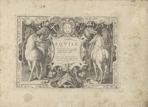 Ornamental Cartouche with Title Flanked by Horses by Anonymous