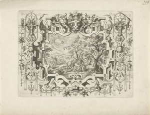 Ornamental Frame with Figures and Landscape of the Good Samaritan